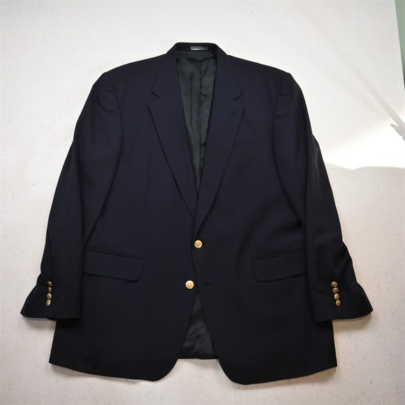 Vtg USA 46L Navy Blue 100% Wool Gold Button Mens Blazer Suit Jacket Sport Coat